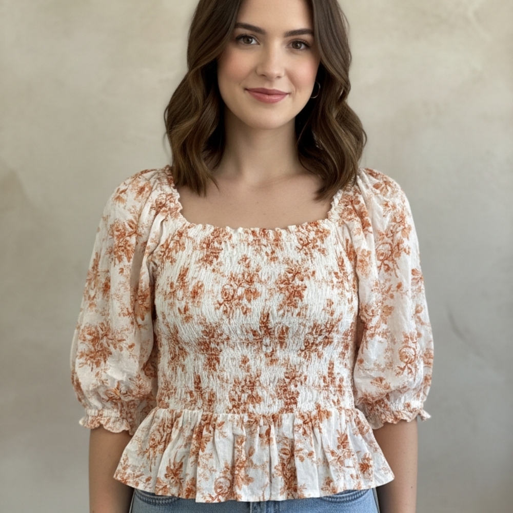 LOFT Floral Smocked Peplum Blouse - Cream and Orange